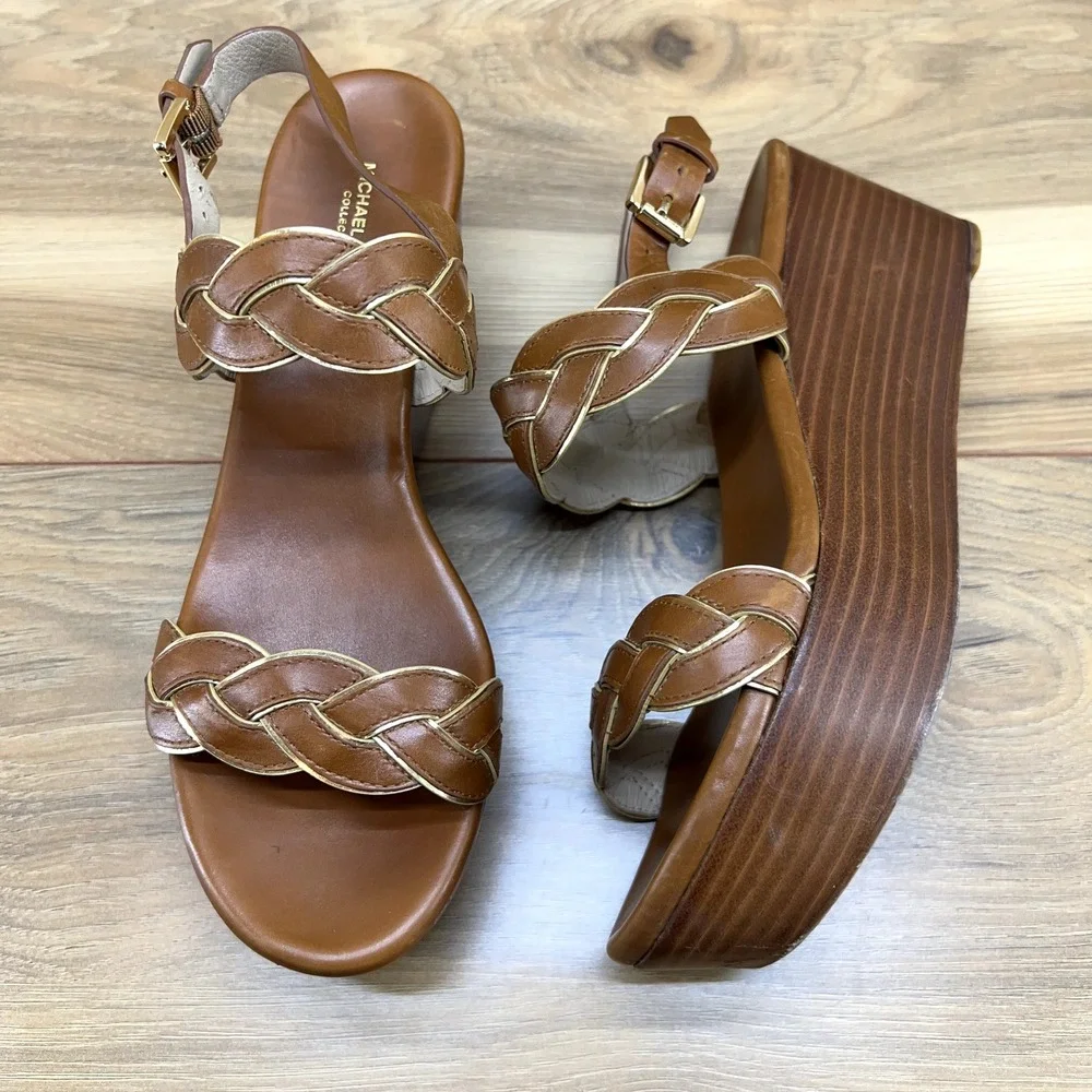Michael Kors Collection 38 8 Luggage Tan Leather Braided Slingback Wedge